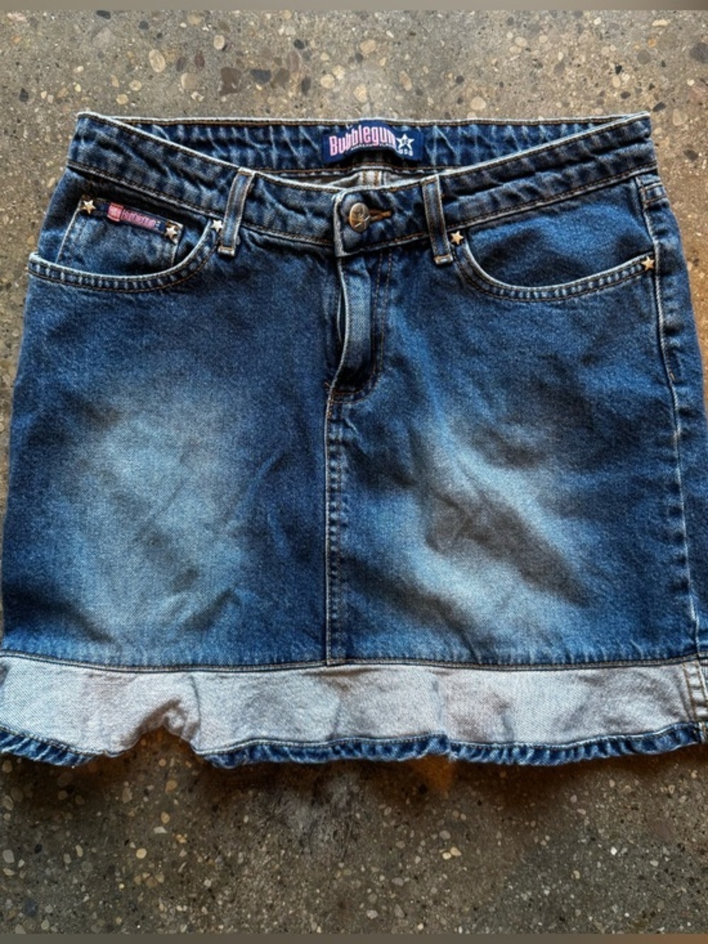 Bubblegum Vintage Y2K USA Denim Mini Skirt Distressed Contrast Hem Wide Cuff